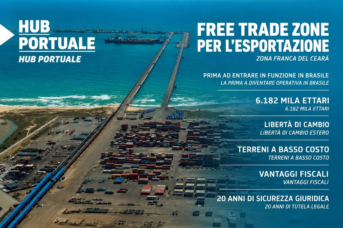Scheda: hub portuale e Free Trade Zone del Ceará — prima zona franca operativa in Brasile, libertà di cambio, terreni a basso costo, vantaggi fiscali e vent'anni di sicurezza giuridica