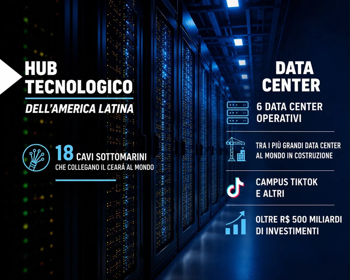 Scheda: hub tecnologico dell'America Latina — 18 cavi sottomarini che collegano il Ceará al mondo, 6 data center operativi, campus TikTok, oltre 500 miliardi di real di investimenti