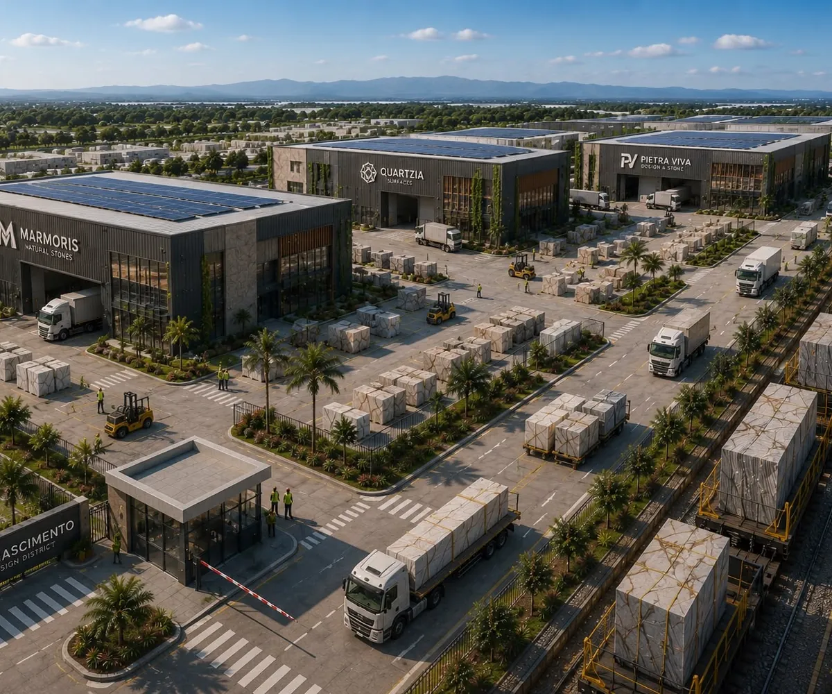 Render del Rinascimento Design District: capannoni, piazzali e logistica nel Ceará